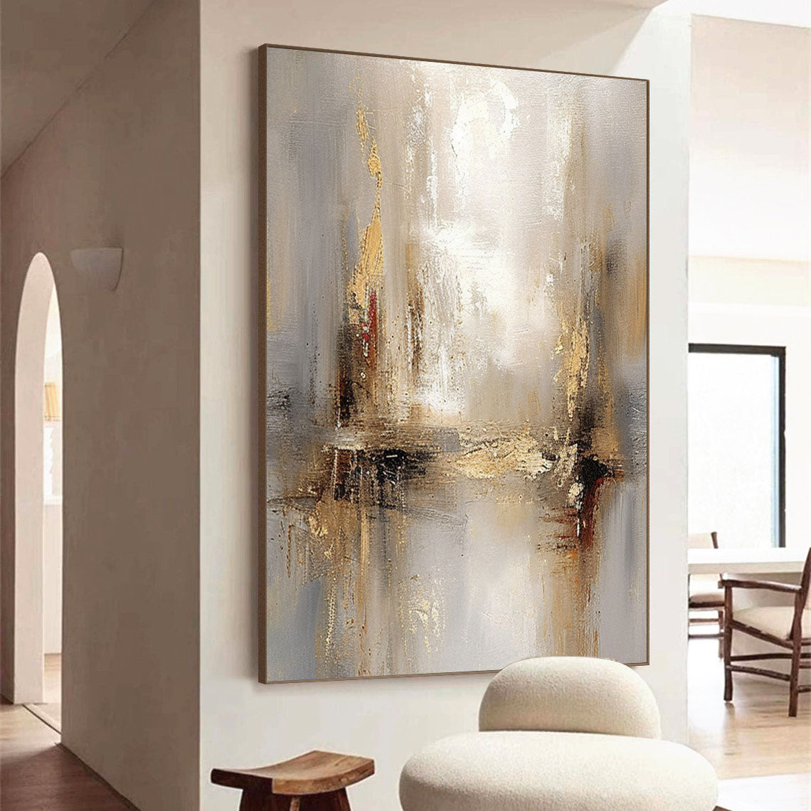 Peinture abstraite grise et beige, peinture de Texture en feuille d'or #AVG 004