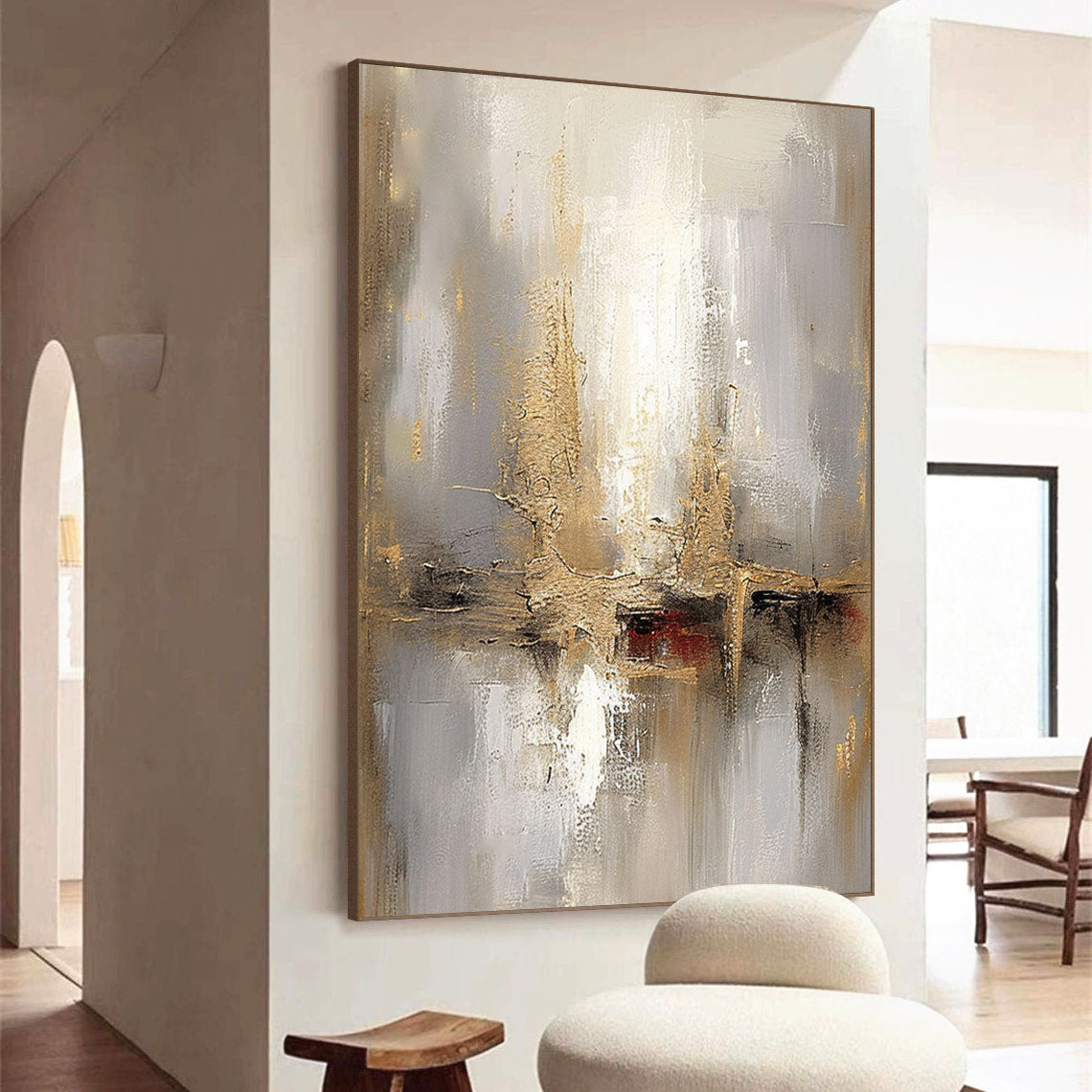 Grey And Beige Abstract Painting Gold Foil Texture Painting#AVG 002