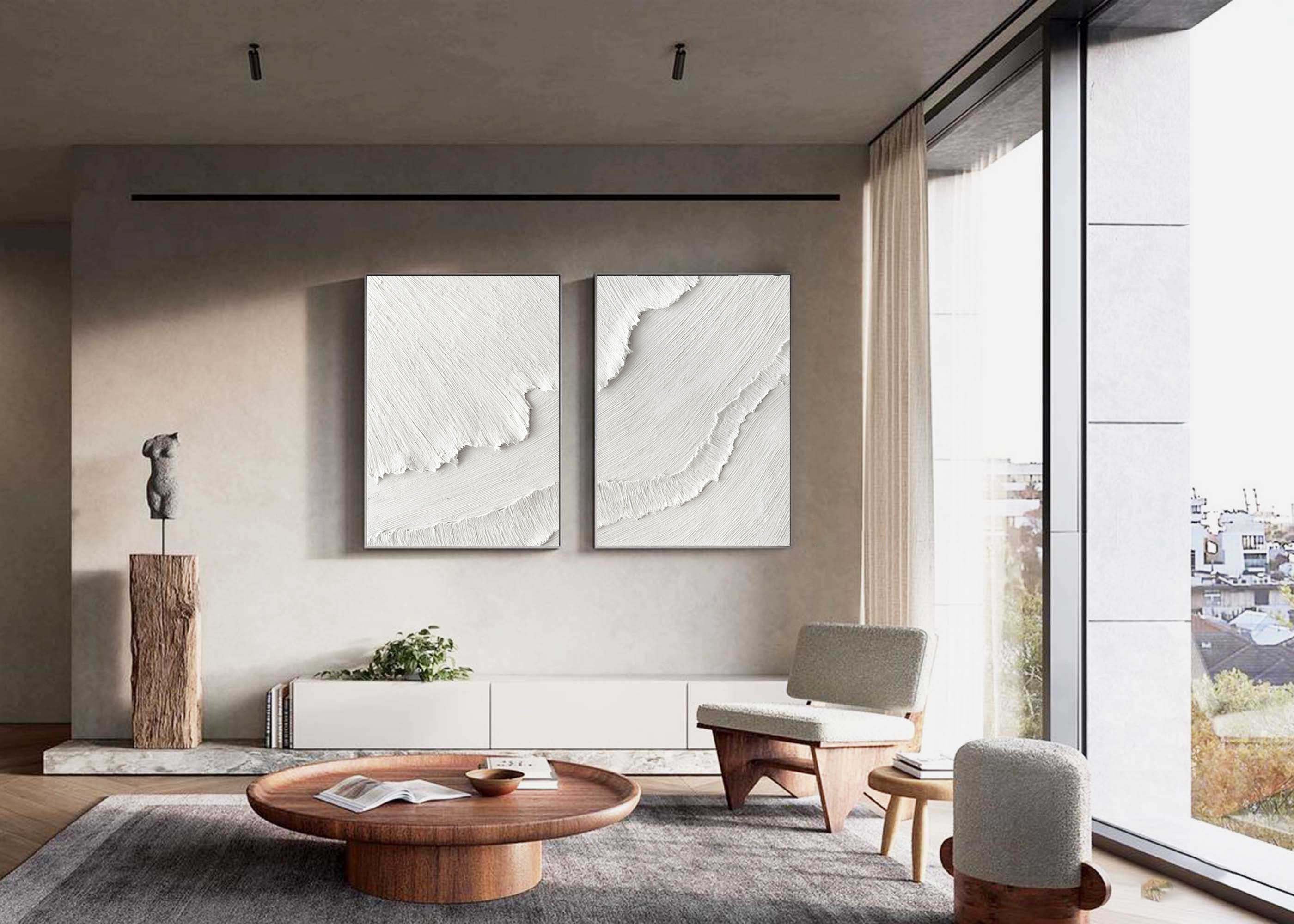 Plâtre blanc Art abstrait minimaliste texturé 3D sur toile | Décor mural monochrome fabriqué à la main ENSEMBLE DE 2 #CXA 015