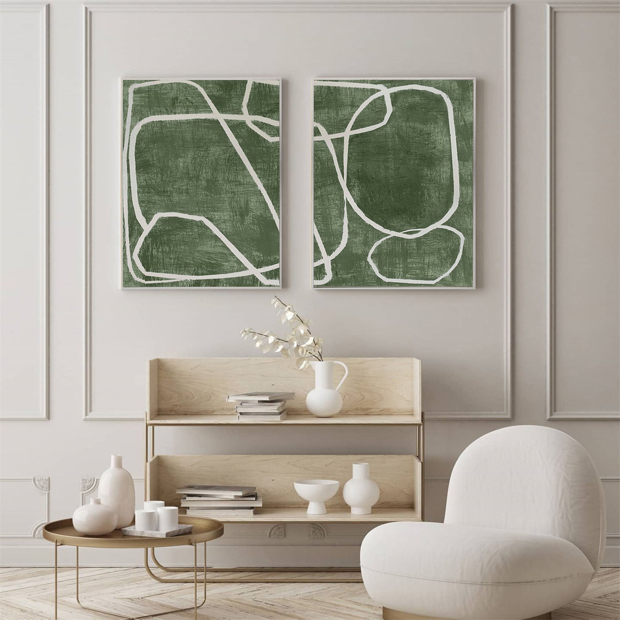 Green & White Abstract  Painting SET OF 2 #AVG 032