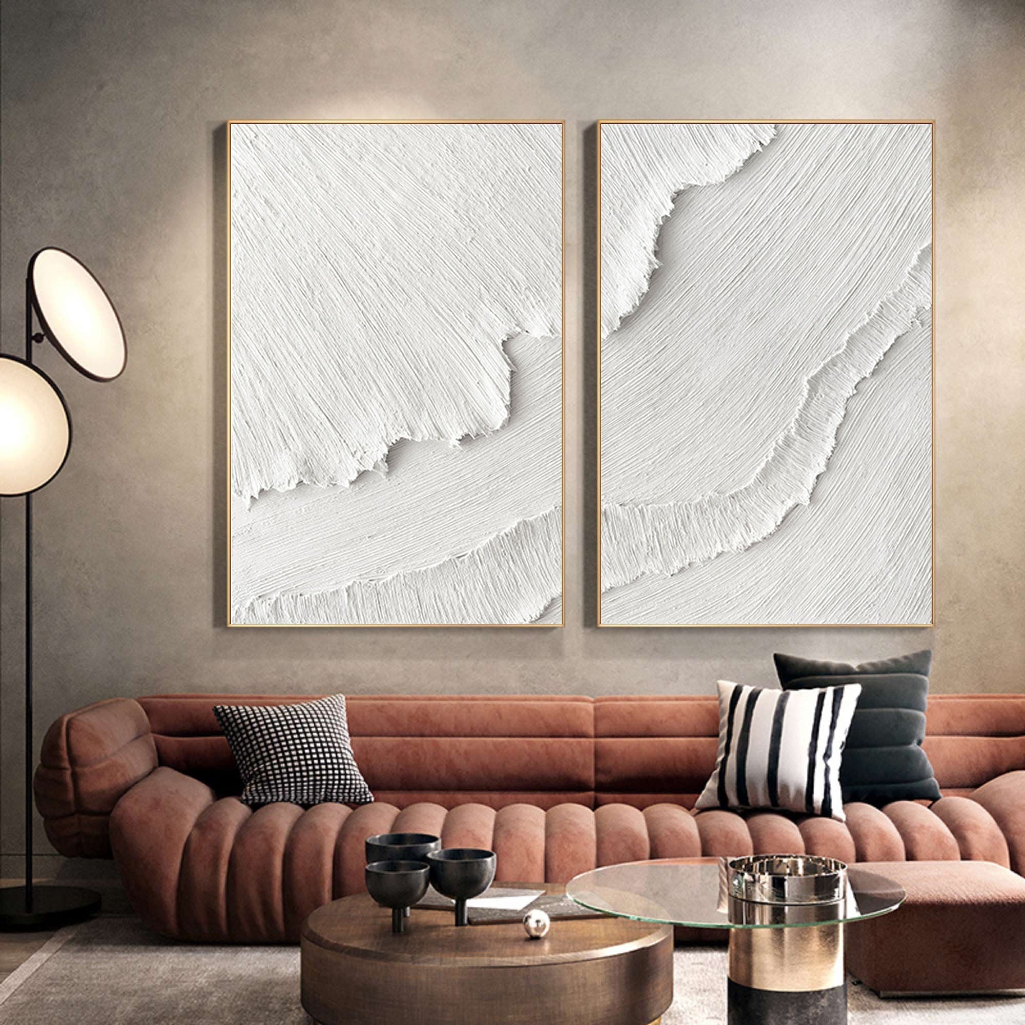Plâtre blanc Art abstrait minimaliste texturé 3D sur toile | Décor mural monochrome fabriqué à la main ENSEMBLE DE 2 #CXA 015