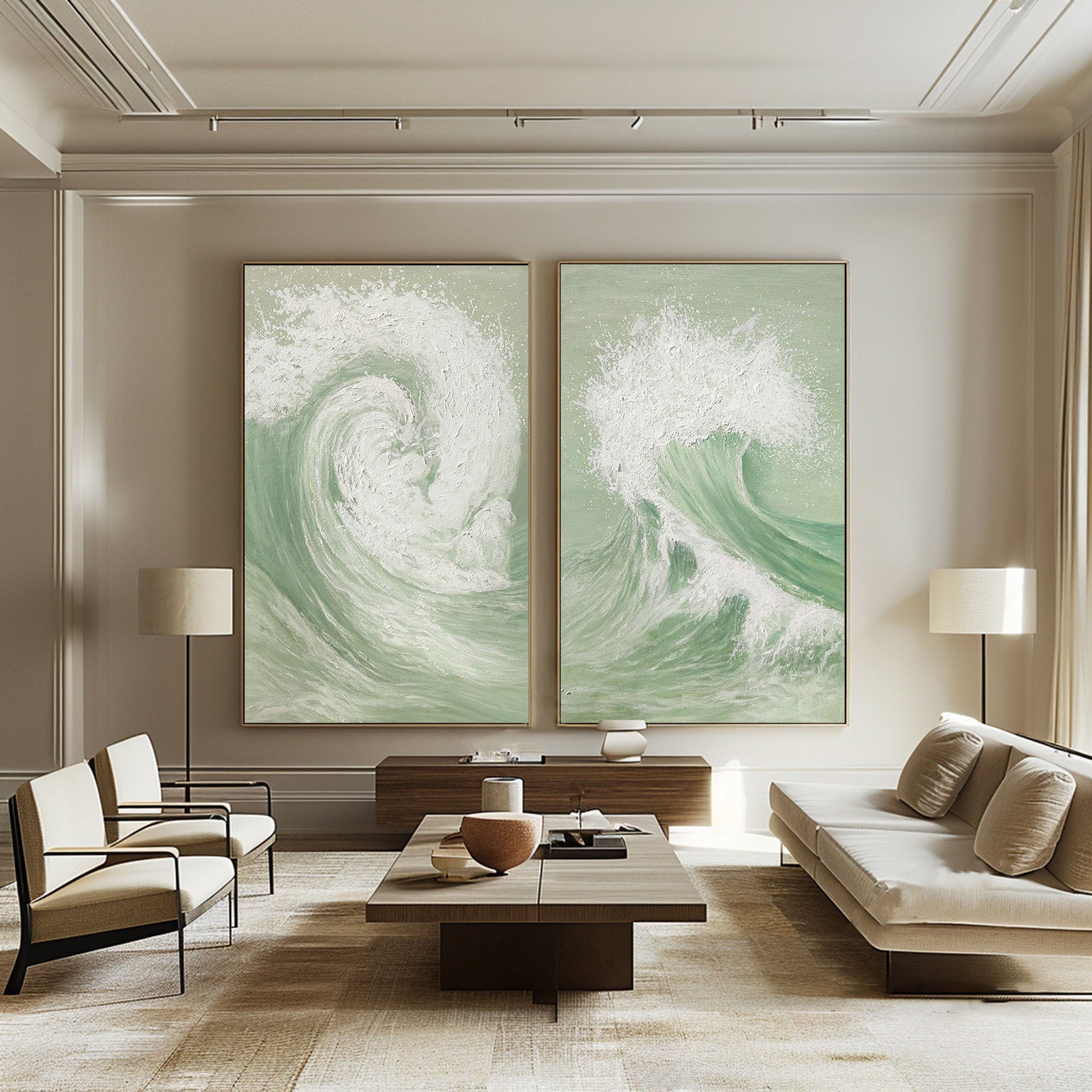 Peinture abstraite verte et blanche SET DE 2 #AVG 034