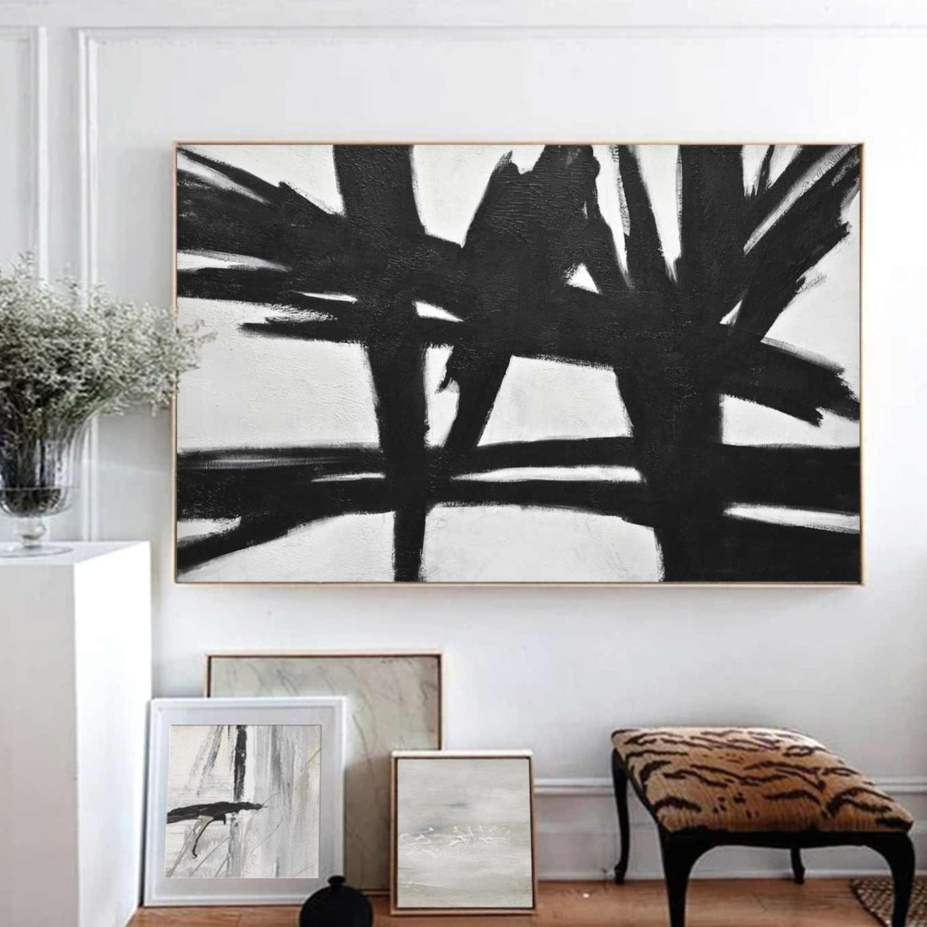 Retro Style Abstract Painting Black White 50's Art "Reaching Out"
