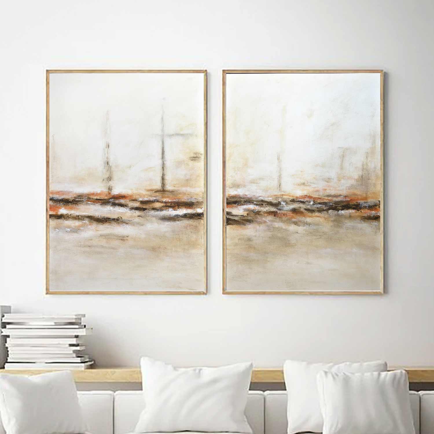Set of 2 Light Beige Abstract Paintings "Taken"