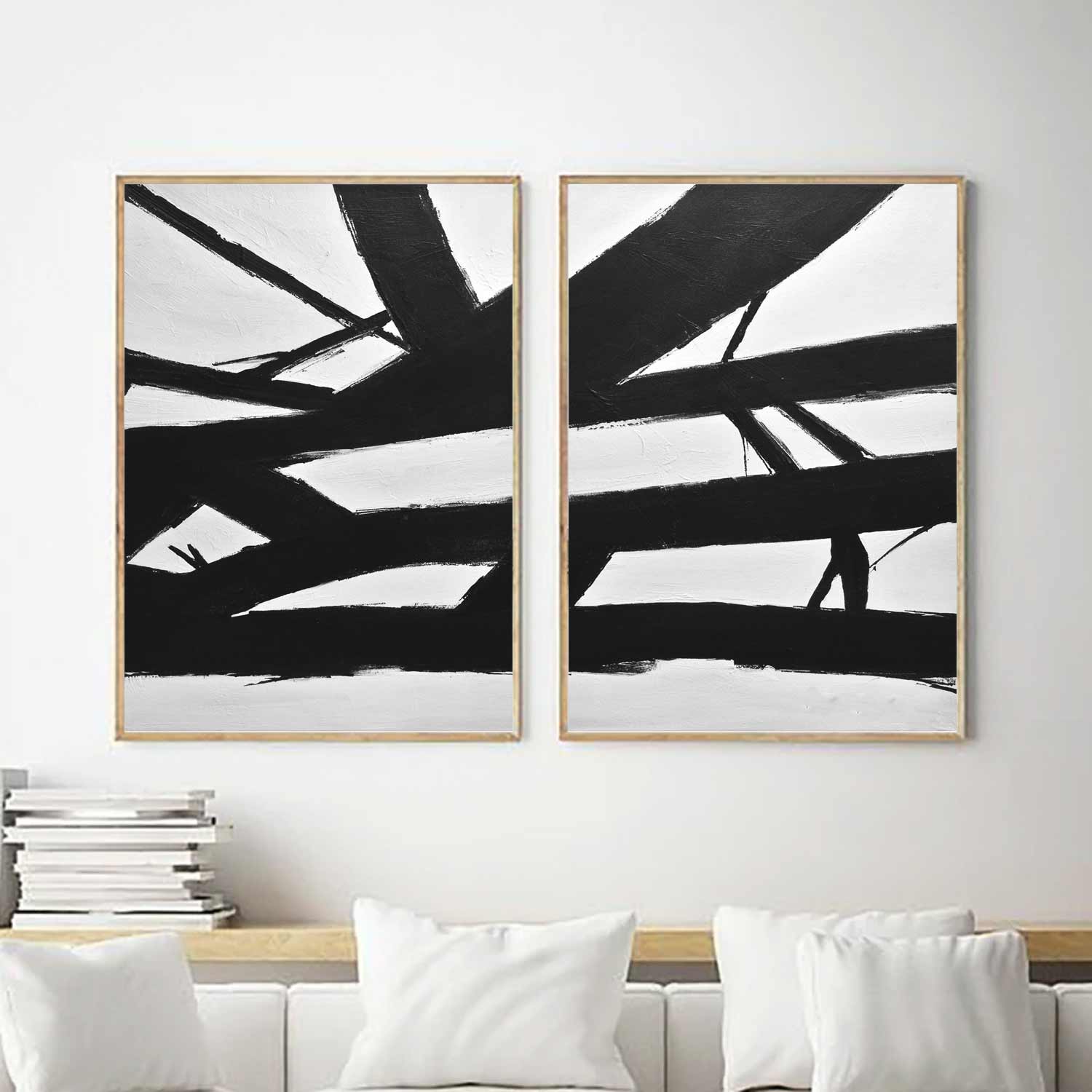 Lot de 2 Noir Blanc Abstrait « Crossing the Lines »