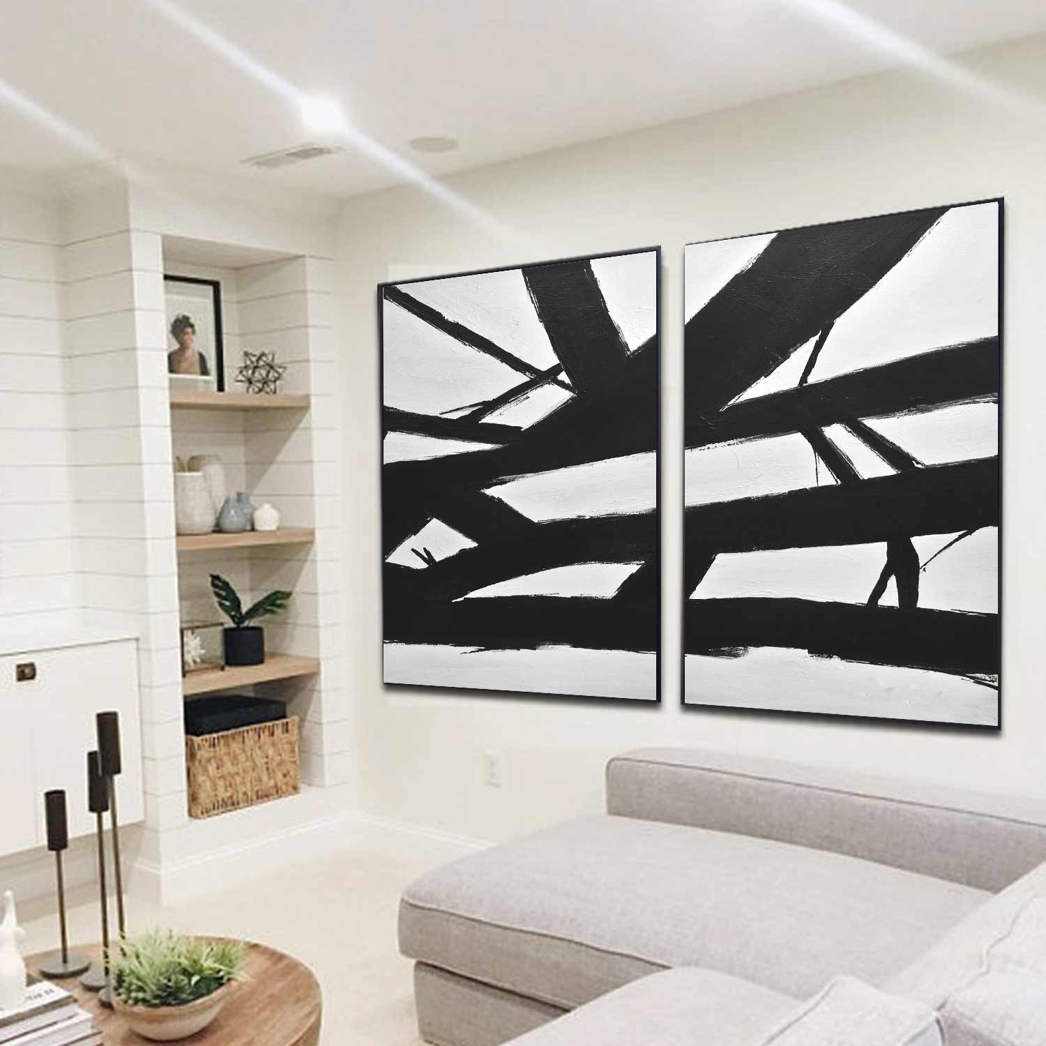 Set of 2 Black White Abstract "Crossing the Lines"