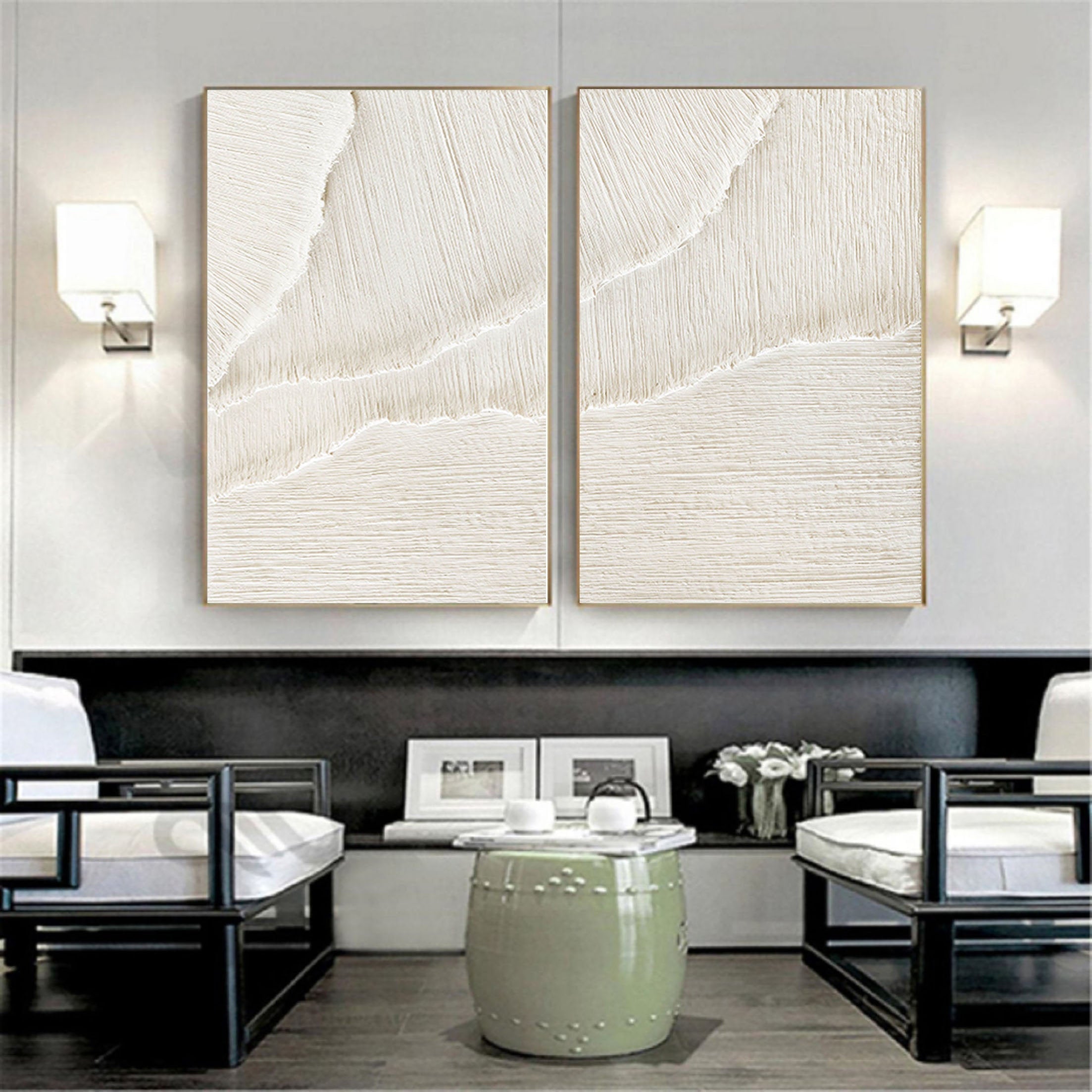 Peinture abstraite minimaliste blanc beige SET DE 2 #AVG 027