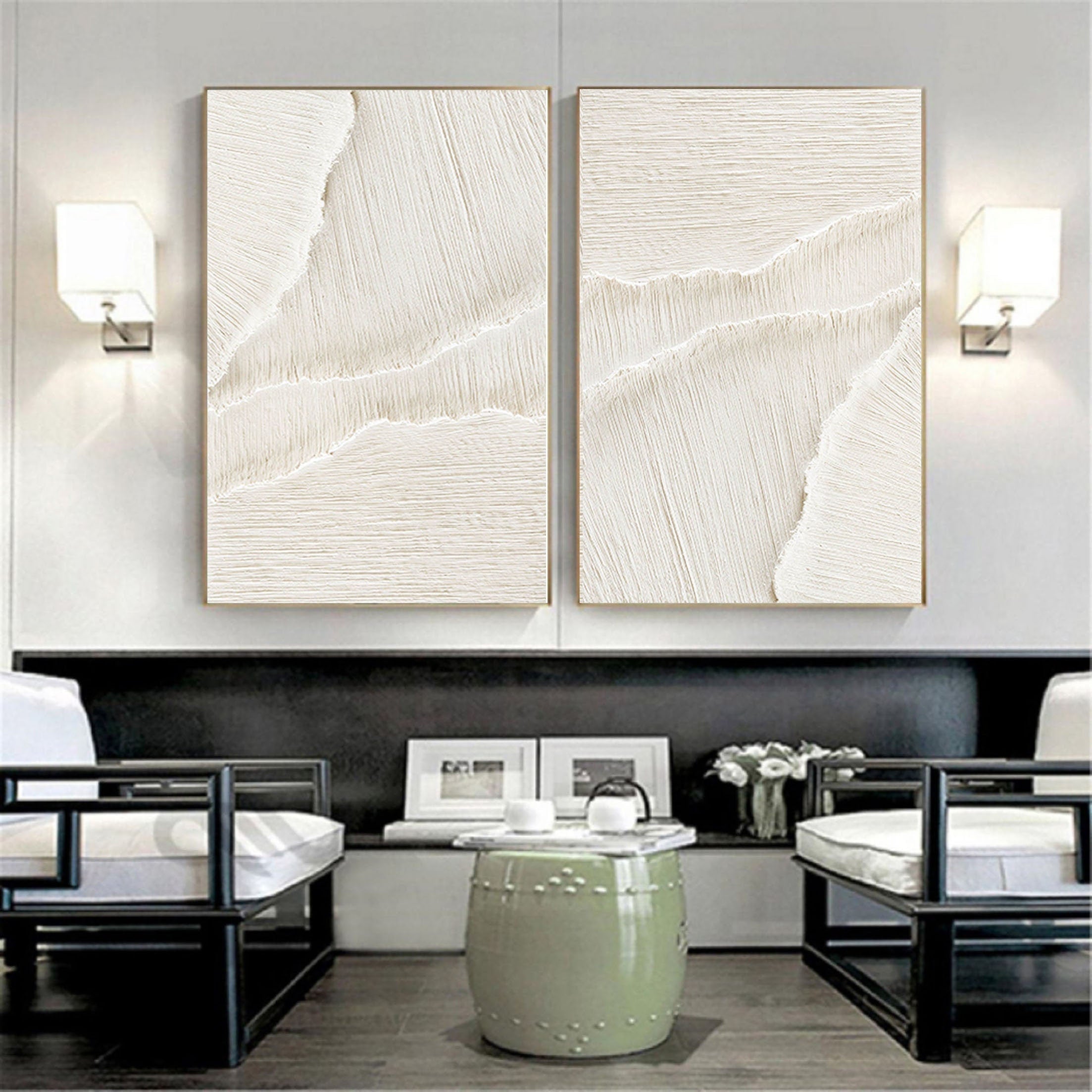 Peinture abstraite minimaliste blanc beige SET DE 2 #AVG 028