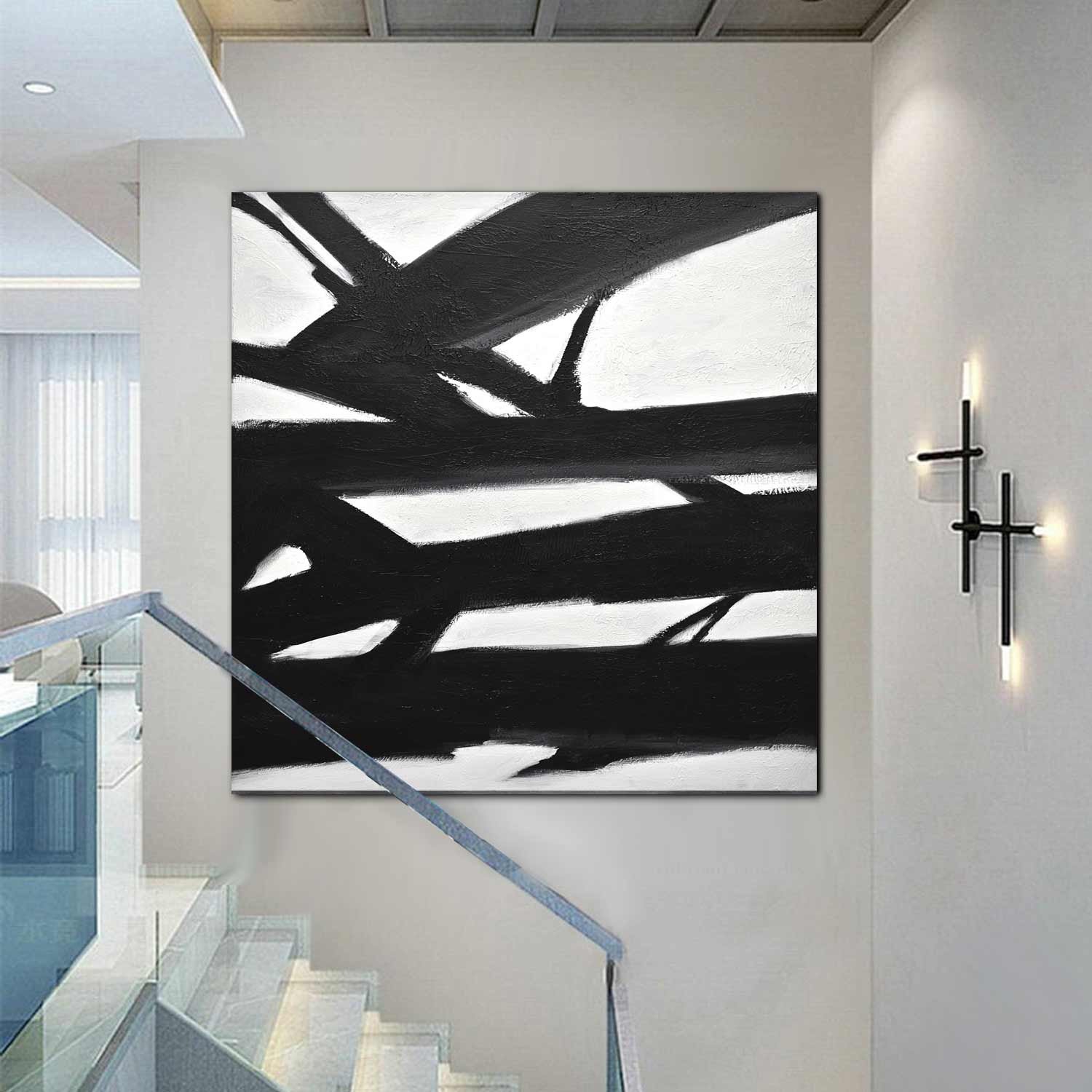 Peinture Kline abstraite monochrome noir et blanc « Direction définie »