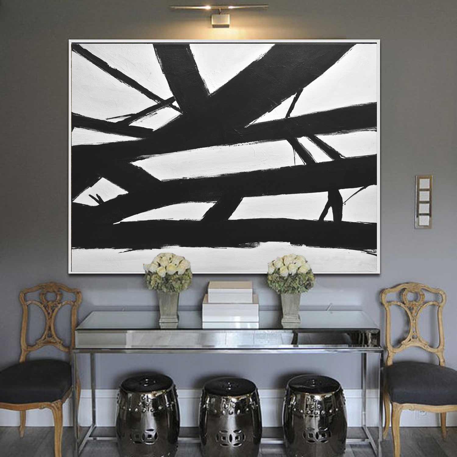 Geometric Black White Abstract Kline Painting "Crossing the Line"