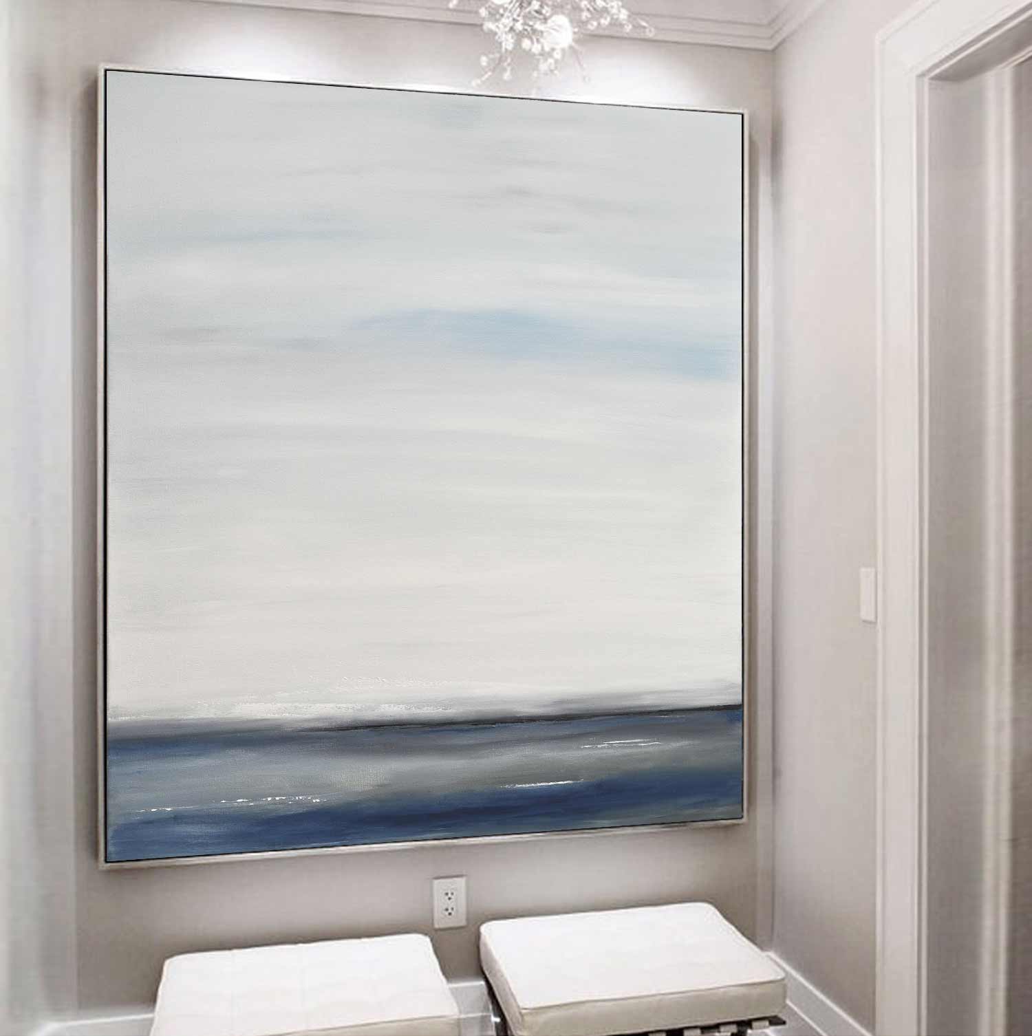 Paysage marin minimaliste peinture bleu gris carré grand art « Time Away »