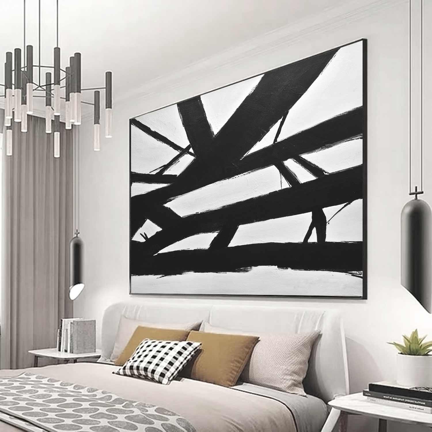 Geometric Black White Abstract Kline Painting "Crossing the Line"