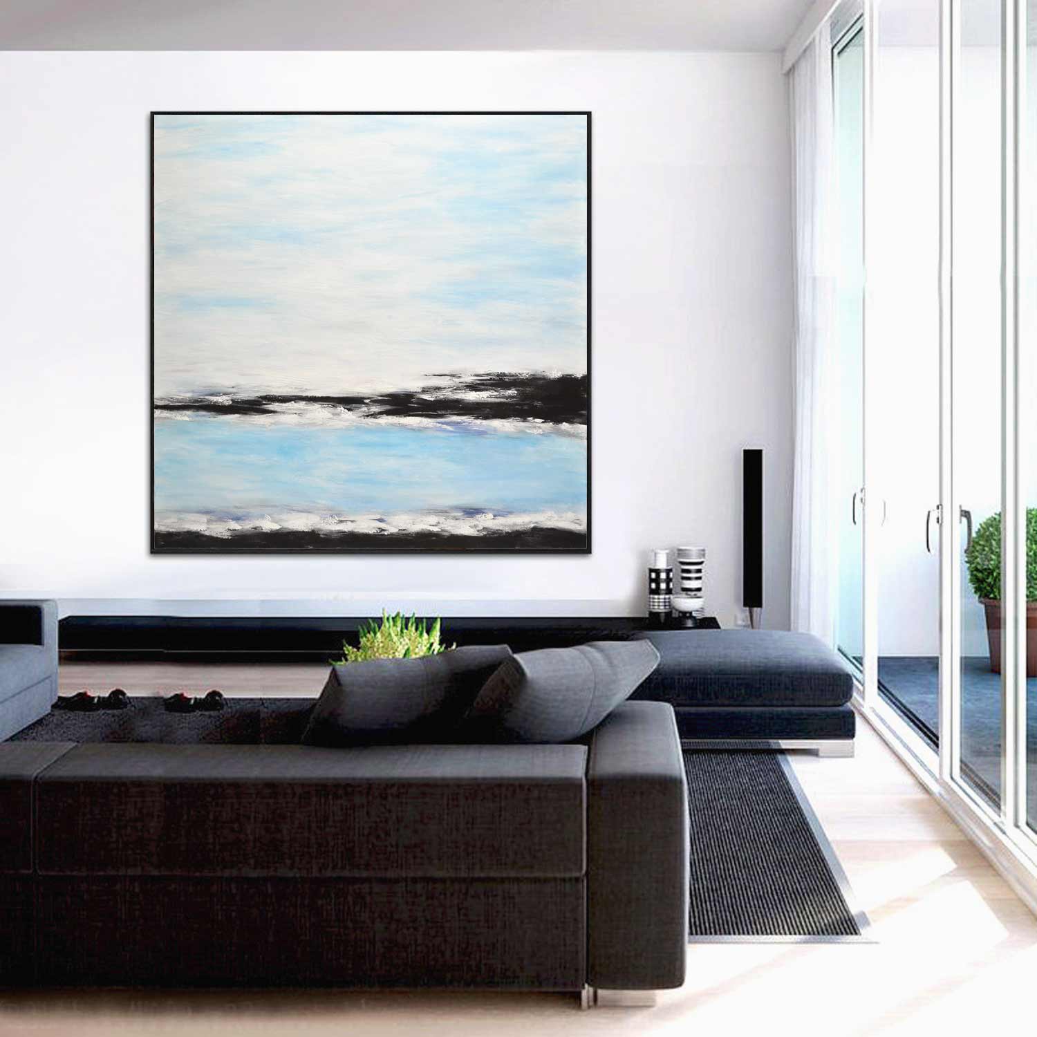 Bleu Blanc Ocean Beach Impressionniste Grande Peinture « Eaux Intemporelles »