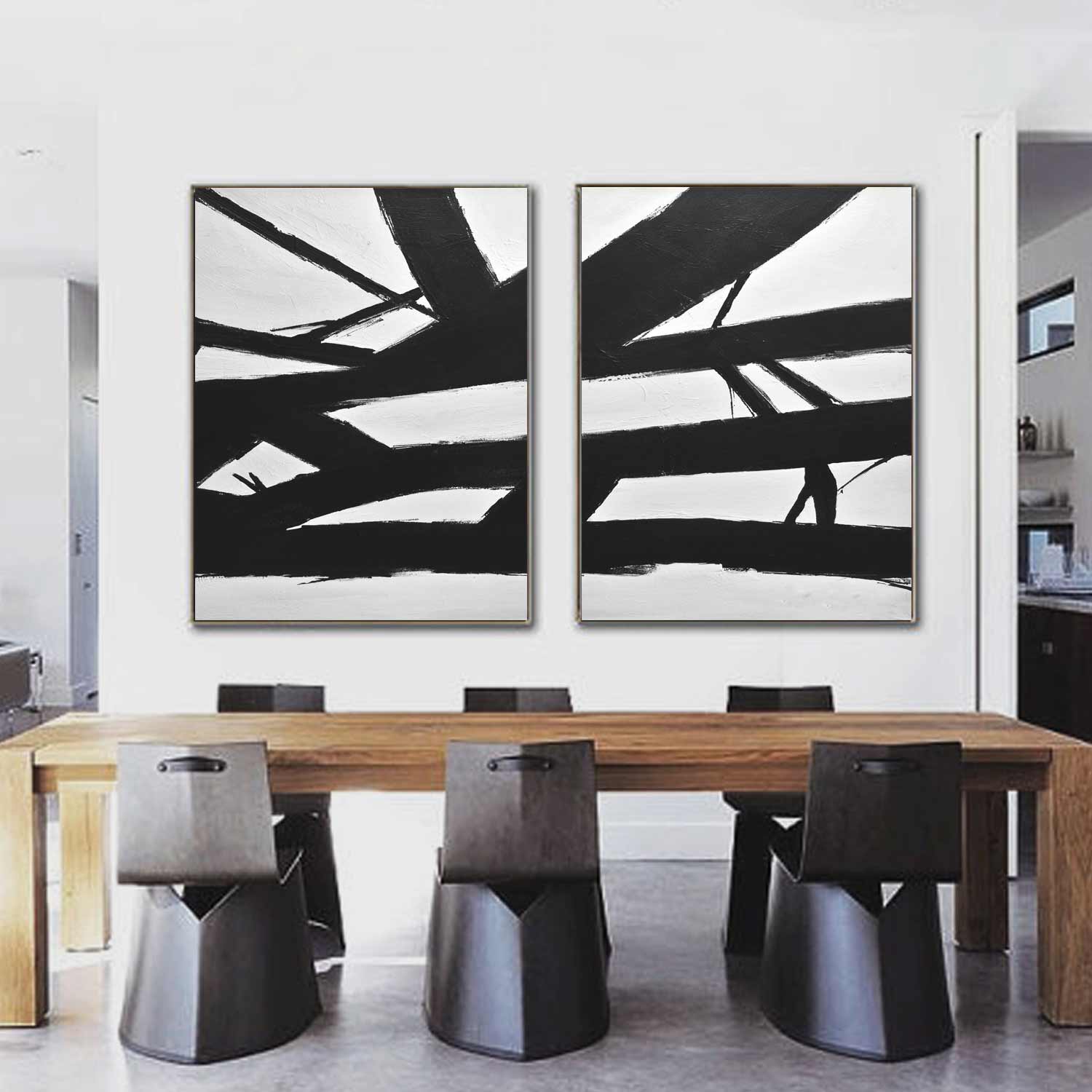 Set of 2 Black White Abstract "Crossing the Lines"