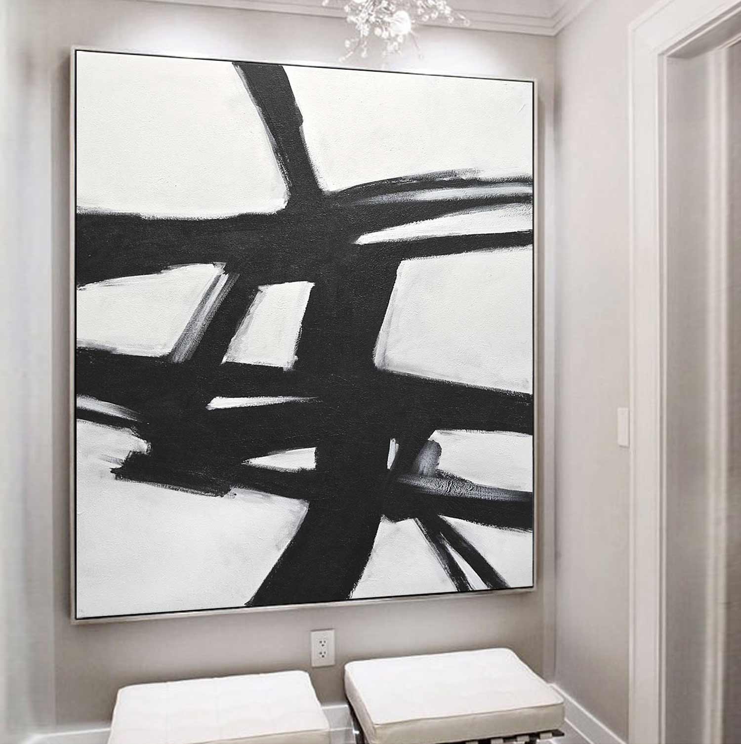 Art mural expressionniste abstrait noir et blanc « Chapitre suivant »