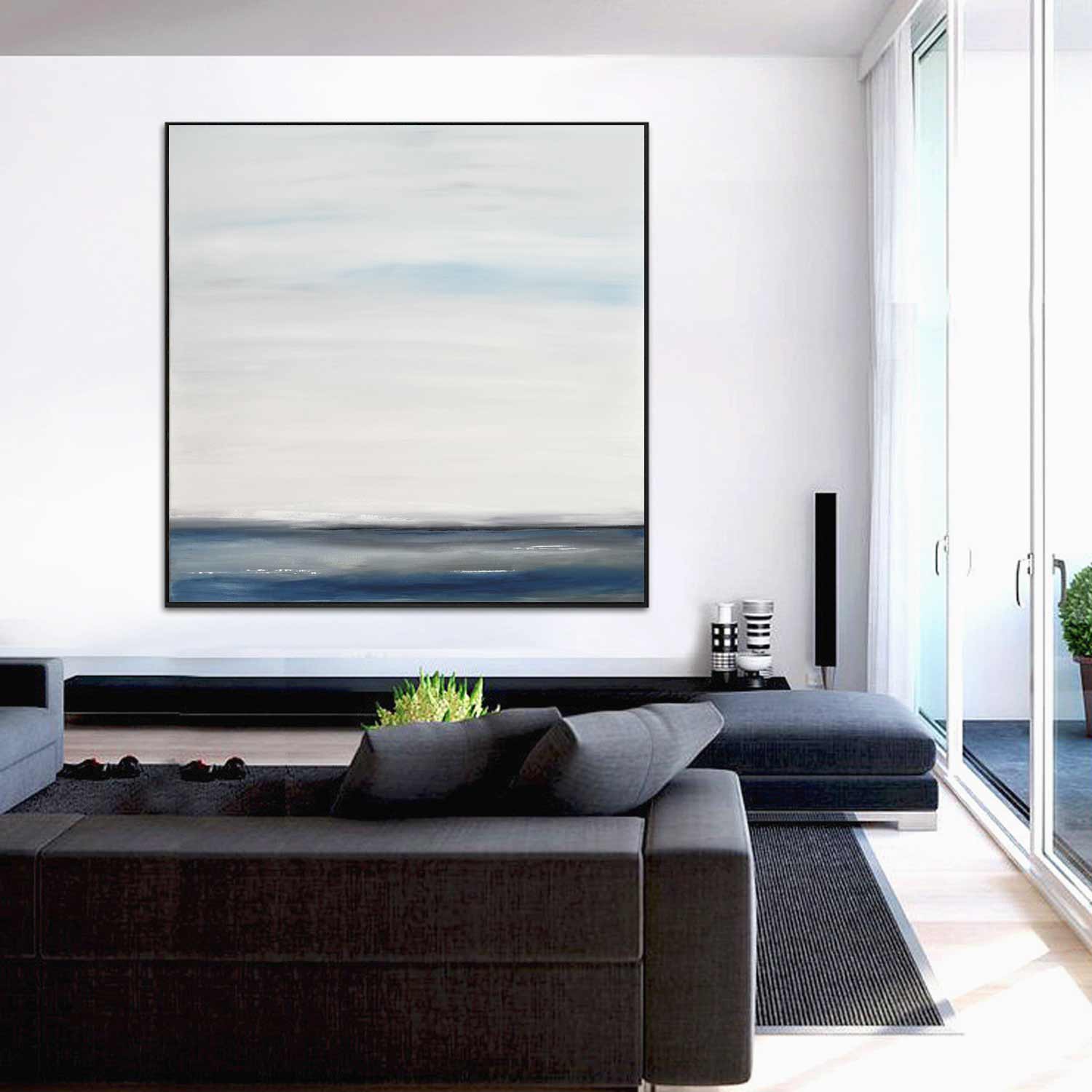 Minimalist Seascape Painting Blue Gray Square Large Art "Time Away"