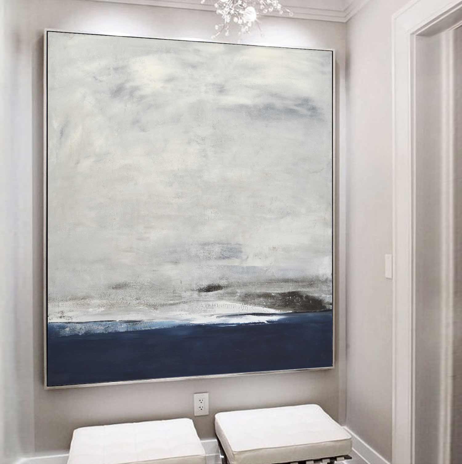 Peinture de paysage marin gris bleu Art des vagues côtières « Au-dessus du bleu »