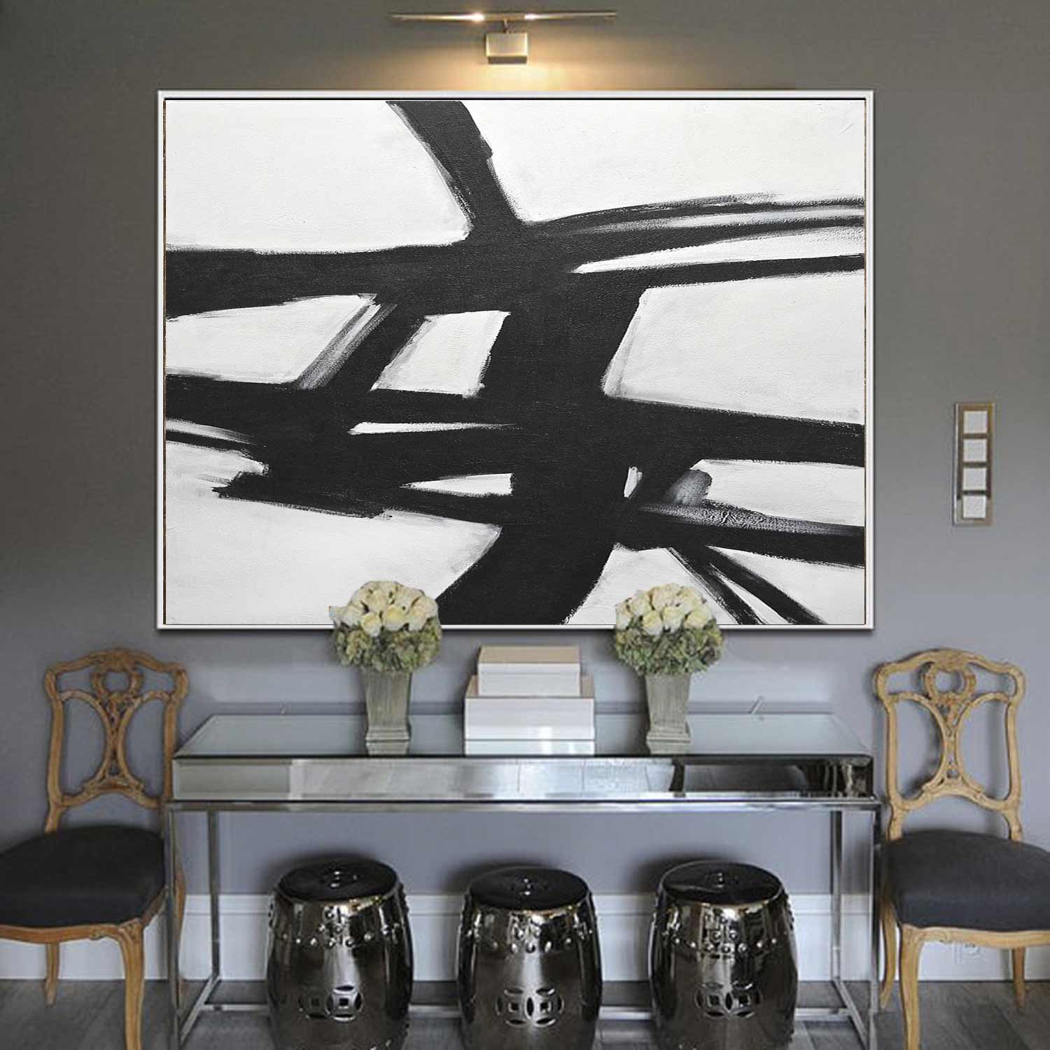 Abstract Painting Black White Mid Century Franz Kline "Next Chapter"