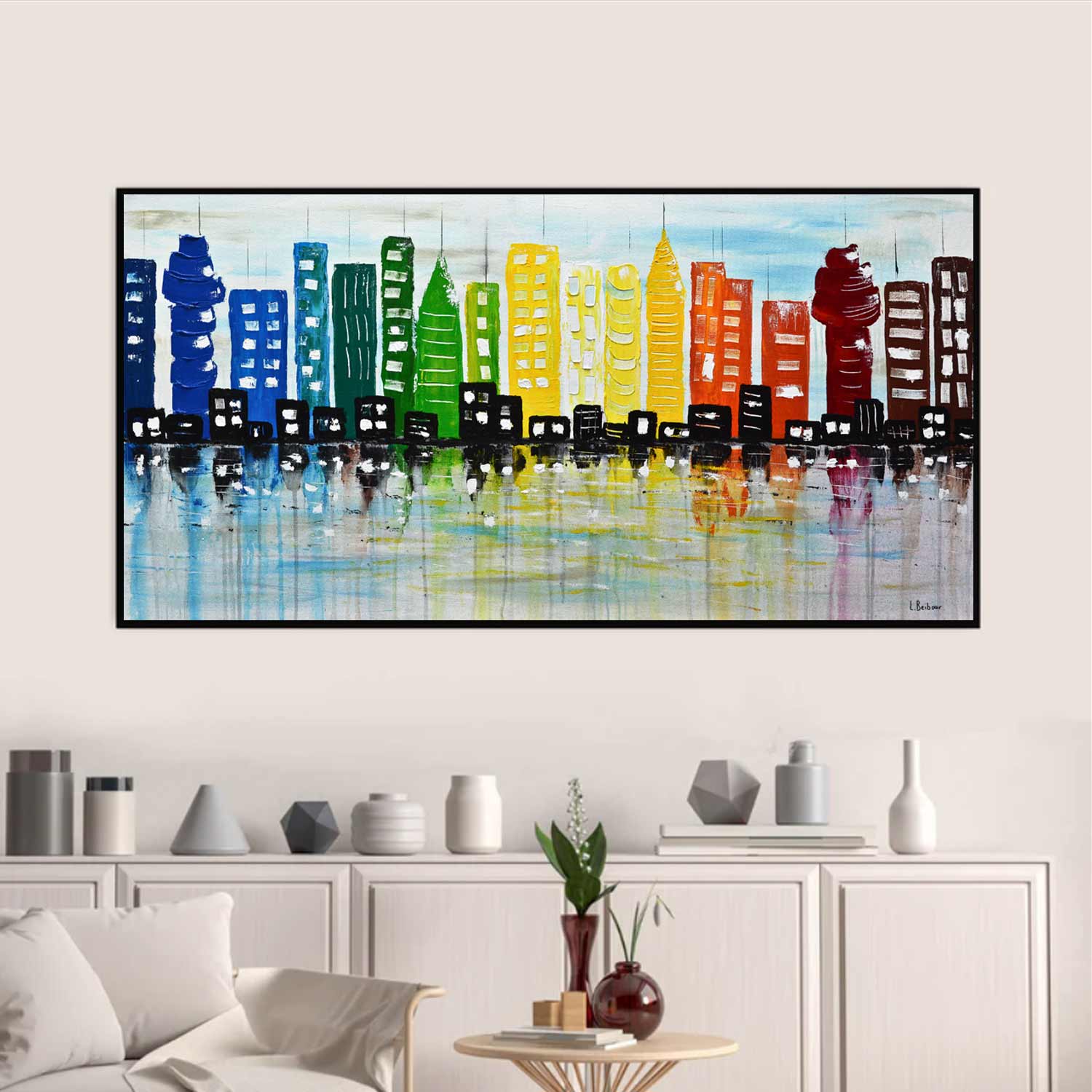 Peinture de paysage urbain coloré Skyline abstraite « Retour en ville »