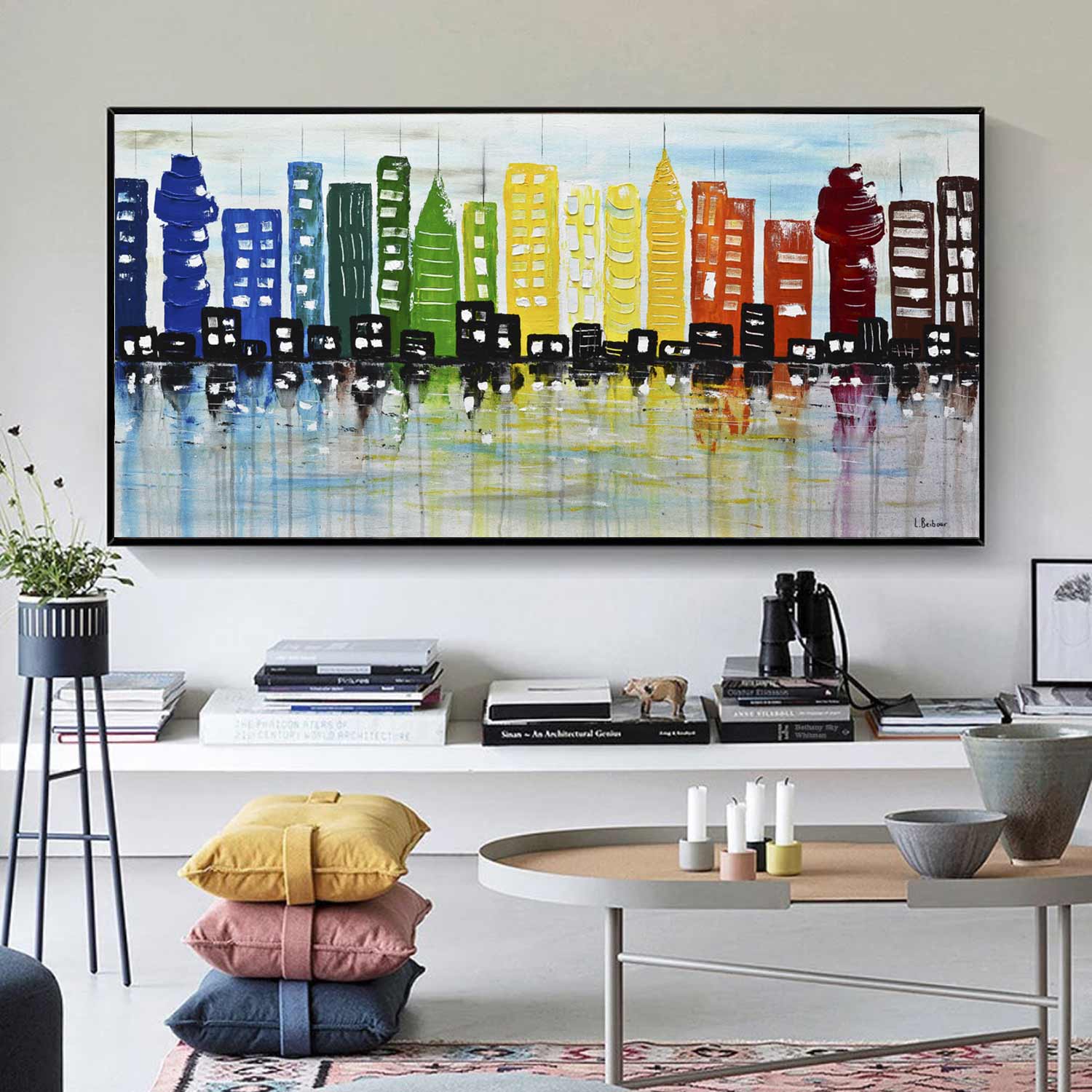 Peinture de paysage urbain coloré Skyline abstraite « Retour en ville »